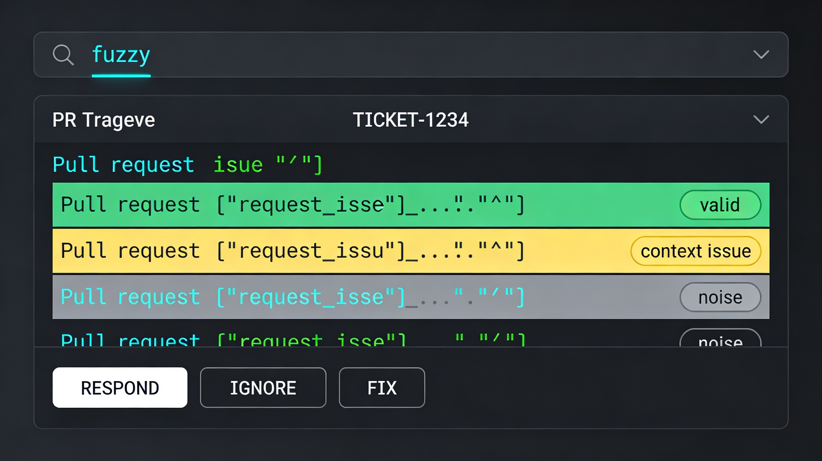 FZF-style triage dashboard: valid, context, and noise buckets per Jira ticket