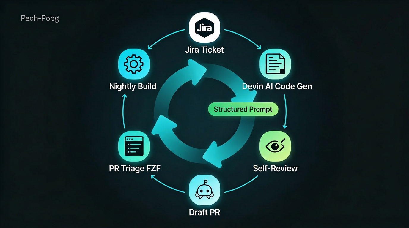 Structured prompt workflow loop: Jira → Devin AI Code Gen → Self-Review → Draft PR → PR Triage FZF → Nightly Build
